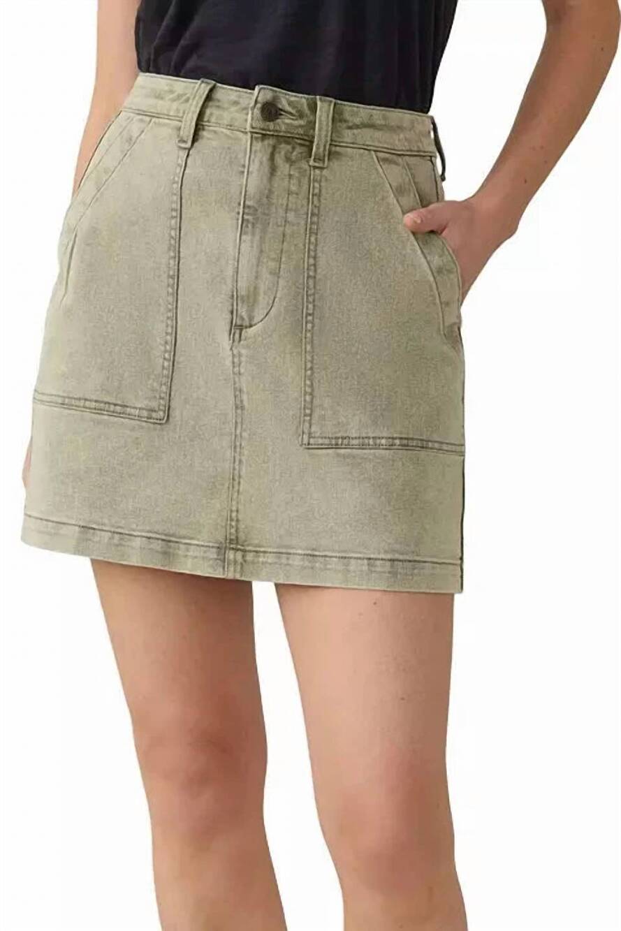 NEW FAHERTY ava sunwashed denim utility skirt in olive haze